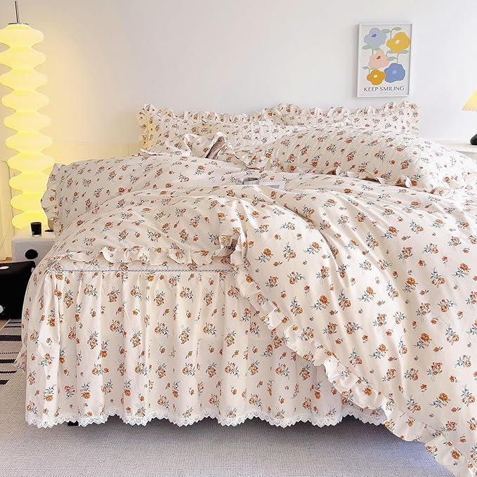 EAVD Cute Romantic Floral Duvet Cover King Soft Cotton Garden Small Floral Ruffled Bedding Set with 2 Pillowcases Fresh Chic Botaical Pattern Duvet Cover with Zipper Closure