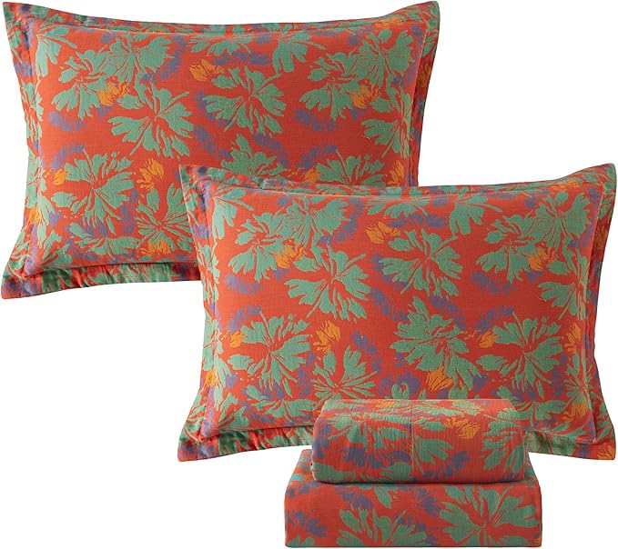FADFAY Floral Sheets Set King Vintage Red Green Floral Bedding Shabby Maple Leaf Farmhouse Bedding Super Soft Washed Double -Layer Muslin Sheets 100% Cotton Deep Pocket Fitted Sheet 4Pcs, King Size