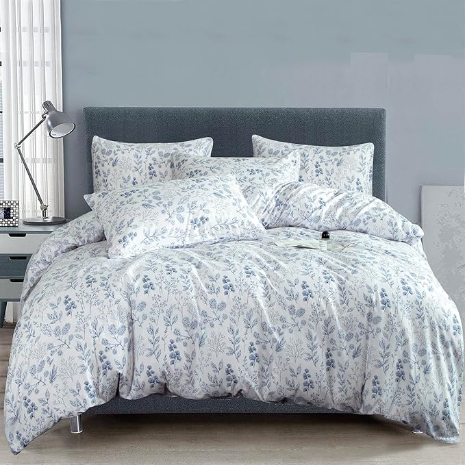 Floral Comforters Full Size 3-Piece Soft Chic Garden Style Blue Floral Print Lightweight Botanical Flower Comforter Set for All Seasons - 1 Comforter and 2 Pillowcases