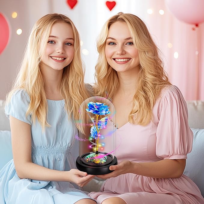 Childom Christmas Rose Gifts for Women,Birthday Gifts for Women Mom Christmas,Flowers for Delivery Prime,Rotating Blue Light Up Rose in A Glass Dome,Anniversary Rose Gift for Her Valentines Day