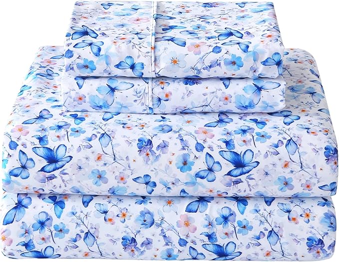 Softan King Floral Sheets, Microfiber Blue Flower Printed Fitted Sheets with Non-Slip Corner Straps and 15" Deep Pocket, Butterfly Patterned Cozy King Bed Sheets & Pillowcase Sets