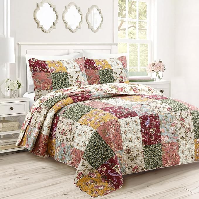 Cozy Line Home Fashions 100% Cotton Authentic Patchwork Quilt Bedding Set, Floral Vintage Antique Chic Reversible Coverlet Bedspread (Harvest, Queen - 3 Piece)
