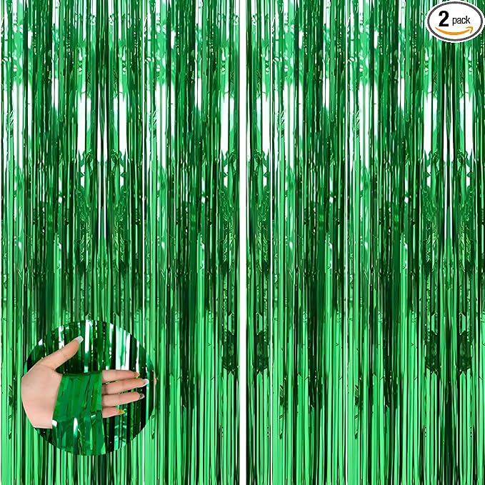 Keyali 2 Pack 3.3 * 8.3 ft Foil Curtain Metallic Tinsel Fringe Curtains Photo Booth Props Backdrop for Birthday Wedding Engagement Baby Shower Christmas Holiday Celebration Partyl,Green