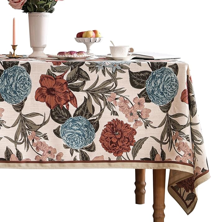 Designer French Linen Tablecloth for Rectangle Table,Red and Blue Floral Durable Long Tablecloths,Decor Table Cover for Kitchen,Dining,Thanksgiving,Home,Farmhouse,63" × 94"-Burgundyred