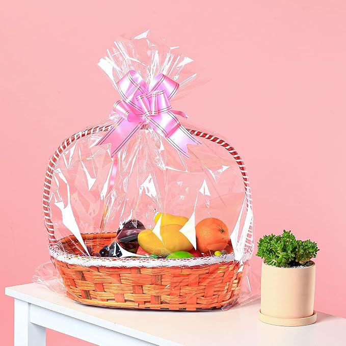UltraOutlet 100 Packs Large Cellophane Bags 18" x 24" Clear Cellophane Gift Basket Wraps 2.3 Mil Thick Clear Cello Bags for Fruit Basket, Gift Wrap, Treats, Arts and Crafts, 100ct Ribbon Bows