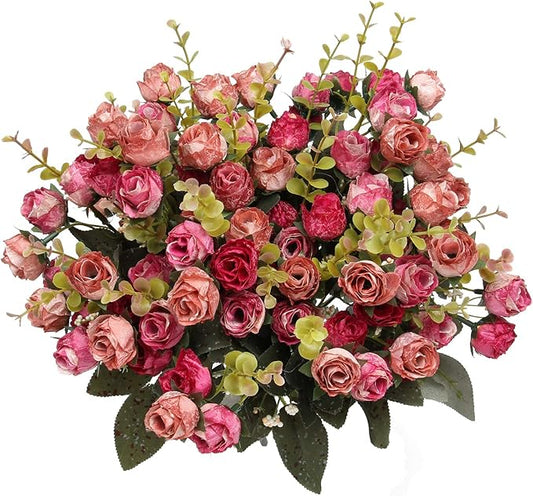 Flojery 21 Heads Silk Rose Bouquet Artificial Flowers Mini Rose for DIY Wedding Bouquets Centerpieces Bridal Shower Party Home Decorations,Pack of 4 （Rose Red）