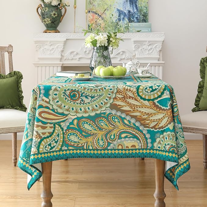 Linen Green Tablecloth,Wrinkle Resistant French Vintage Tablecloth Print with Foral,Decor Square Table Cloth for Thanksgiving,Dining Room,Home,Kitchen 67" × 67"-Milen