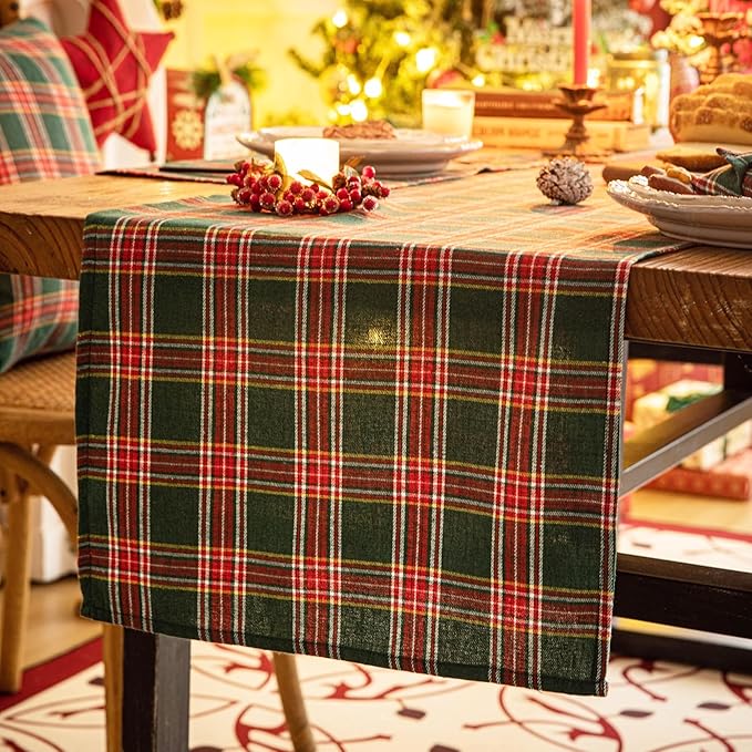 Green Red Plaid Christmas Table Runner, Winter Holiday Table Runners 72 inches Long, Xmas Decorations Indoor Outdoor Farmhouse Home Kitchen Dining Party Decor