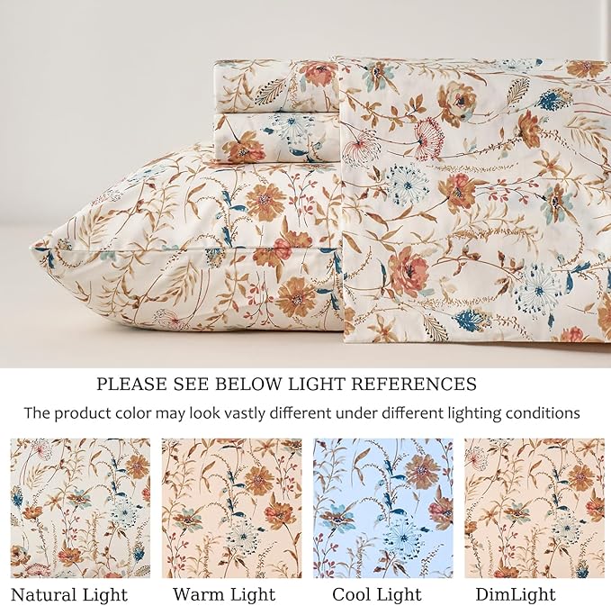 Zusbest Queen Sheets Set 100% Percale Cotton - Boho Floral Botanical Printed Bedding with Deep Pocket 17.5'', Vintage Burnt Orange & Teal Design, 4-Piece Soft Breathable Sheets