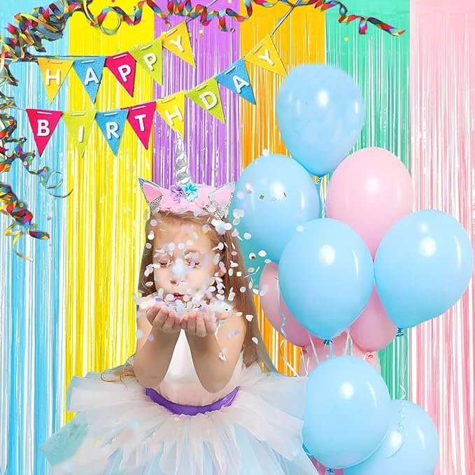 BRAVESHINE Tinsel Foil Fringe Curtains - 2Pcs 3.2x8.2ft Pastel Colourful Photo Backdrop for Christmas New Years Princess Birthdays Easter Bunny Bridal Shower Fairy Kids Candy Donuts Party Decorations
