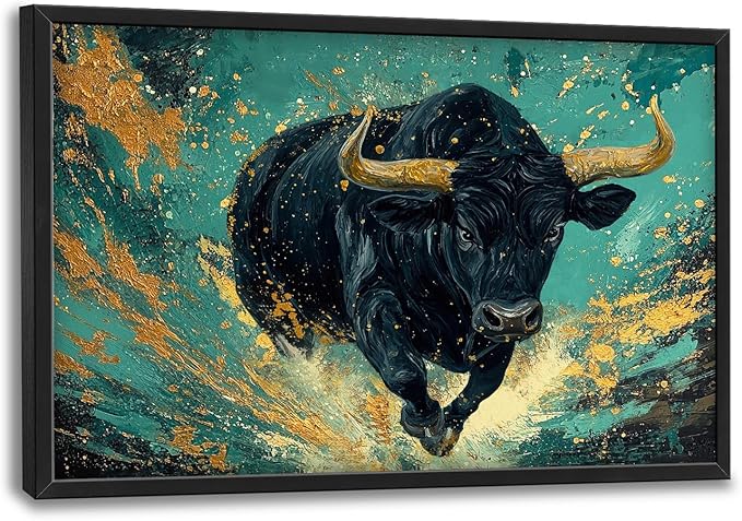Large Highland Cow Wall Art for Living Room, Teal and Golden Bison Buffalo Wall Decor, Framed Oversized Cow Canvas Painting Modern Artwork for Living Room Bedroom Office Dining Room 36"x24"