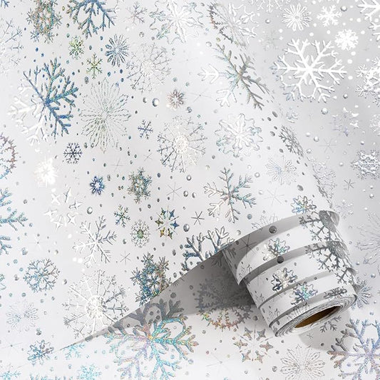 Flyhill Kraft Christmas Wrapping Paper-Silver Snowflake Metallic Embossed Foil Luxury Gift Wrap Roll Design for Holiday, Party,Celebration, New Year (17 Inch X 32.8 Feet)