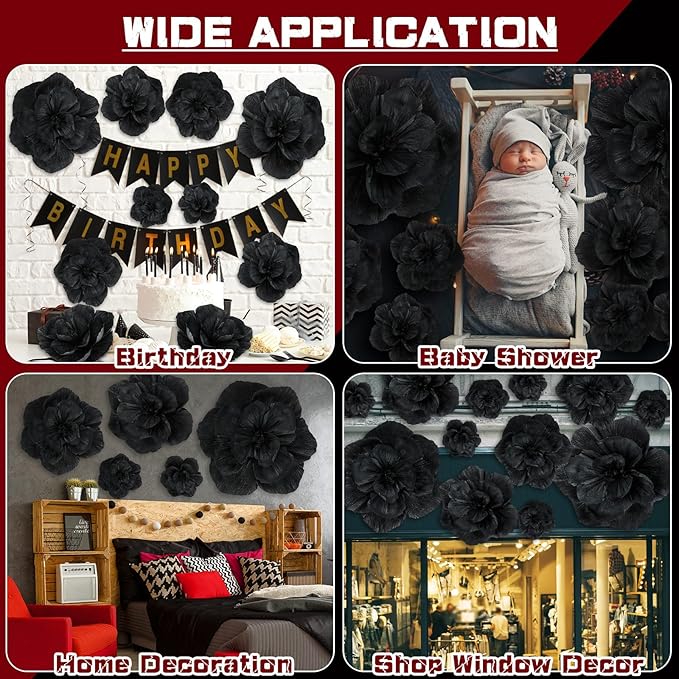 Giant Paper Flowers Artificial Large Paper Flower Decoration for Handcrafted Wall Backdrop Christmas Mexican Wedding Graduation Bridal Shower Birthday Party Supplies(Black,12 Pcs)