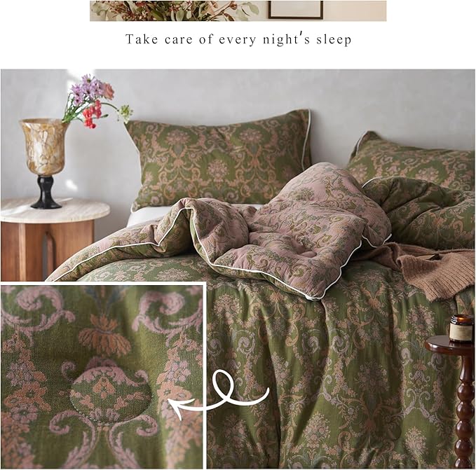 HighBuy Full Comforter Set Olive Green Paisley Floral Comforters Full Size Luxury Soft Muslin Cotton for All Seasons Floral Bedding Set with Comforters,2 Pillowcases,Breathable