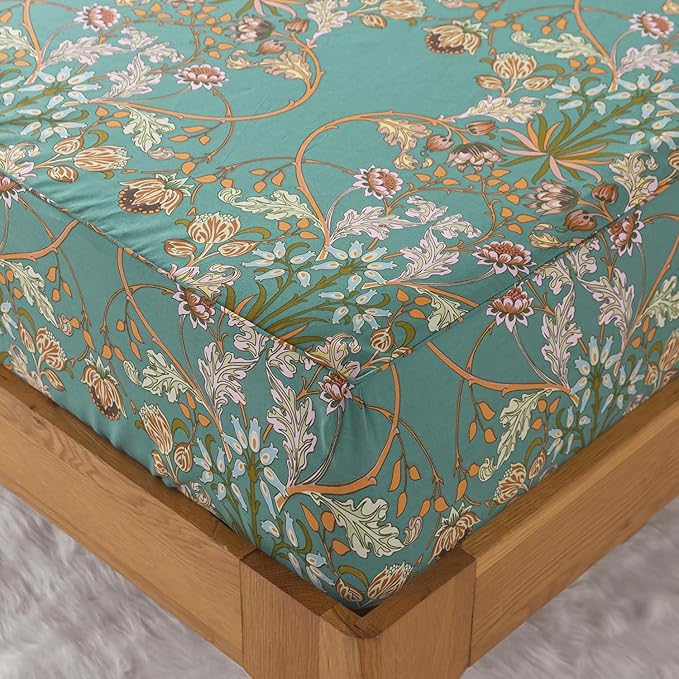 Zusbest California King Sheet Set Shabby Floral Vintage Bed Sheets Percale Cotton Chic Teal Blue Orange American Country Bedding Luxury Boho Soft Bed Deep Pocket Fitted Sheet 4Piece, Cal King