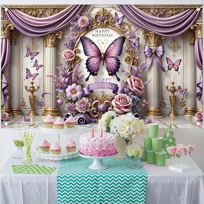 Floral Birthday Backdrop Banner for Girls Spring Butterfly Happy Birthday Photography Background Pink Flower Blossom Plant Pastel Lovely Princess Banner Photo Booth Studio 70.8 x 43.3 Inch