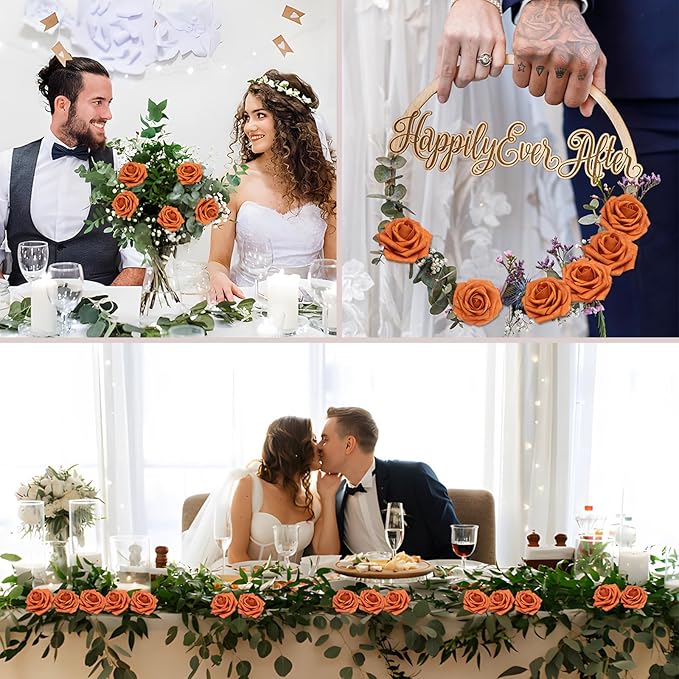 200PCS Artificial Flowers Burnt Orange Roses Real Looking Foam Fake Roses with Leaves and for DIY Wedding Bouquets Bridal Shower Centerpieces Party Decorations (Burnt Orange, 200)