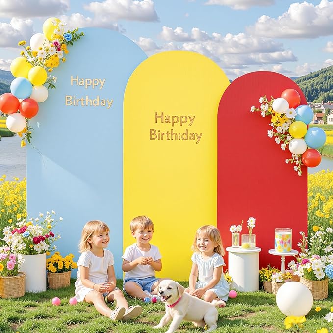 Rainbow Arch Backdrop Cover 7.2FT 6.6FT 6FT Stretchy Wedding Arch Covers Set of 3 Spandex Fitted Blue Yellow Red Fabric Backdrop Cover for Party Baby Shower Birthday Decoration