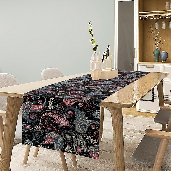 Bohemian Table Runner, Black Blue Pink Paisley Floral Boho Decor Table Runner for Kitchen Dining Home Party, 13x120 Inch
