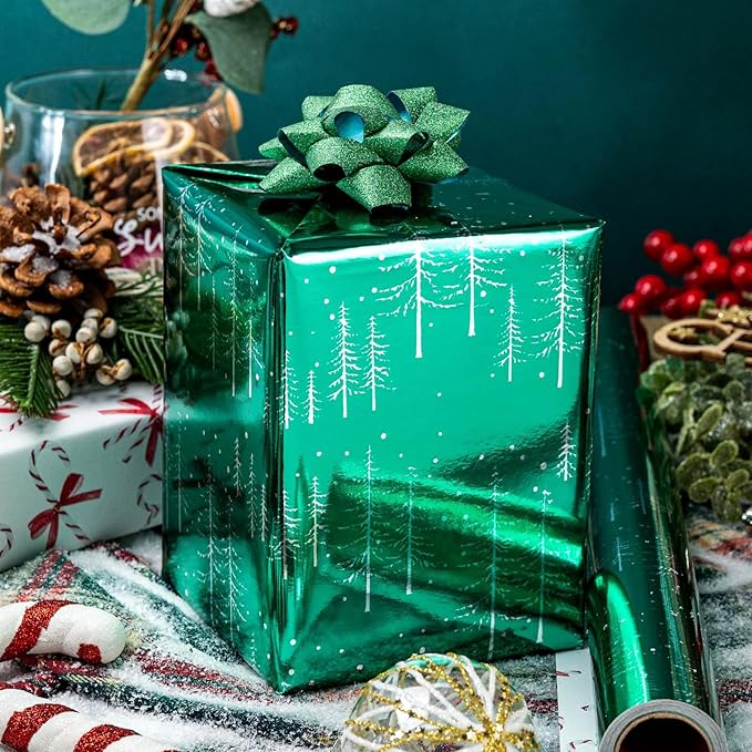 MAYPLUSS Green Christmas Wrapping Paper - 17 Inch X 33 Feet - Reversible Cute Bow Candy Cane Christmas Gift Wrapping Paper, Metallic Foil Thick Gift Wrap Paper for Holiday Party New Year Kids
