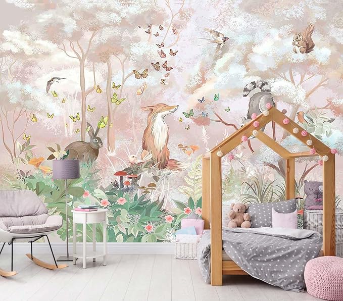 Kids Safari Wallpaper Butterfly Fox Forest Animal Wallpaper Mural with Pink Background for Girl's Room Decoration(Not Self-Adhesive)