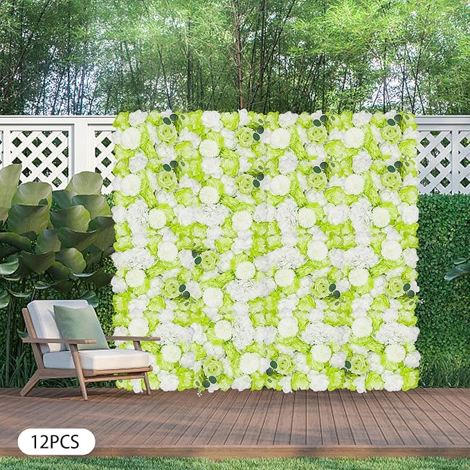 12Pcs Artificial Flower Wall Panel 3D Floral Backdrop Wall 15" X 15" Flower Wall Decor Flower Wall Backdrop Faux Flower Panel for Party Home Background Decor, Green