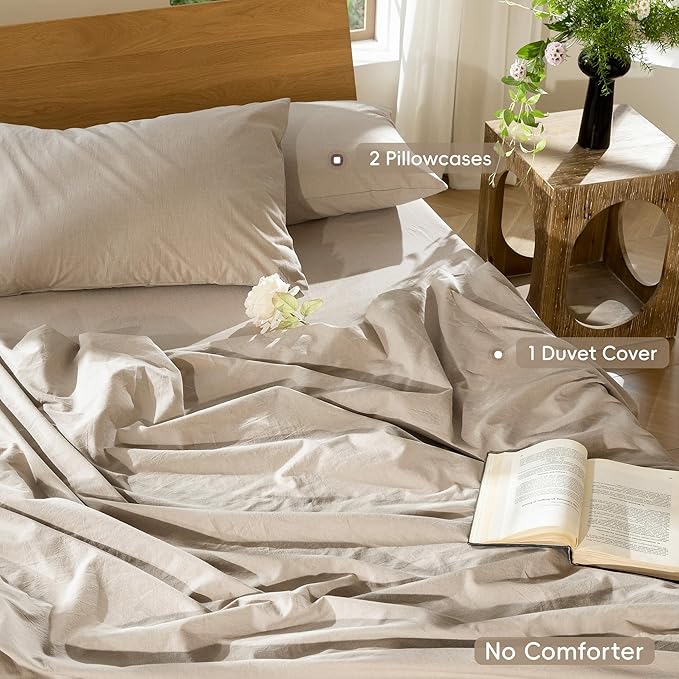 MooMee Bedding Duvet Cover Set 100% Washed Cotton Linen Like Textured Breathable Durable Soft Comfy (Heathered Taupe, Full 80"x90")