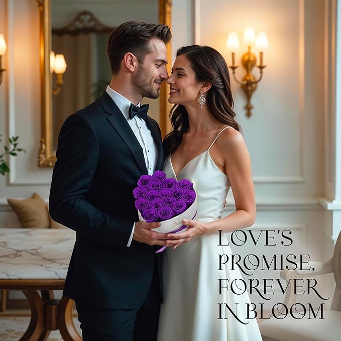 GLAMOUR BOUTIQUE Preserved Roses in a Box - Gifts for Her, Wife & Mom, Rose Flowers Forever Decor for Birthday Gift, Get Well Flower Bouquet Cased in White Box with Cover - Purple - 16-Piece