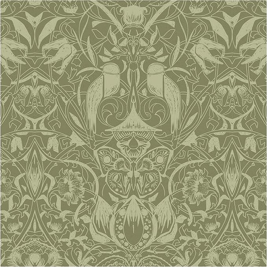 Vintage Peel and Stick Wallpaper Boho Bird Wall Paper Floral Contact Paper for Bedroom 17.3" X 197" Removable Wallpaper Self Adhesive Olive Green Botanical Decorative Wallpapers Bathroom Kitchen Vinyl