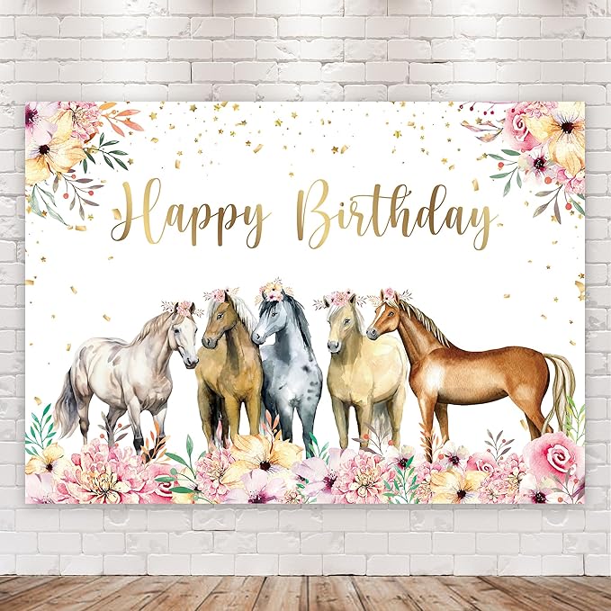 Riyidecor Horse Happy Birthday Backdrop Watercolor Florals 7Wx5H Feet Polyester Fabric Western Cowgirl Photography Background for Girls Women Princess Children Table Decor Banner Studio Photo Shoot