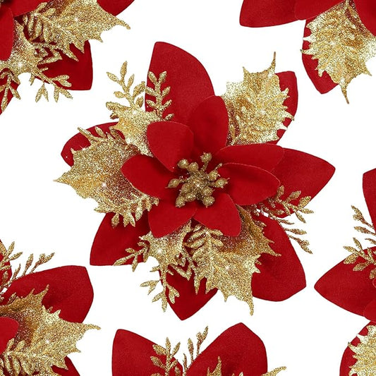 12 PCS Poinsettia Flower Artificial Red Gold Christmas Flowers Artificial 5.5'' Glitter Poinsettias Artificial Christmas Tree Flower With Clips Diy Xmas Wreath Holiday New Year Home Party Decor