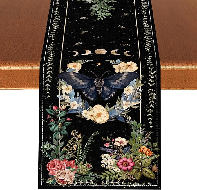 Gothic Moth Table Runner, Boho Vintage Floral Gothic Sun Moon Phase Mystical Witchy Farmhouse Coffee Table Center Decor for Home Kitchen Dining Patio Holiday Party Table Decorations 13x72 inches