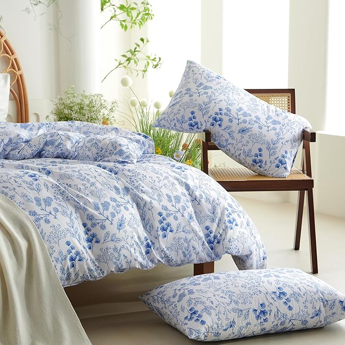 Nayoroom Blue Floral Duvet Cover Full Size Cottagecore Botanical Flower Spring Comforter Cover 3 Pcs Soft Breathable Microfiber Pastoral Aesthetic Bedding Set Gift for Women