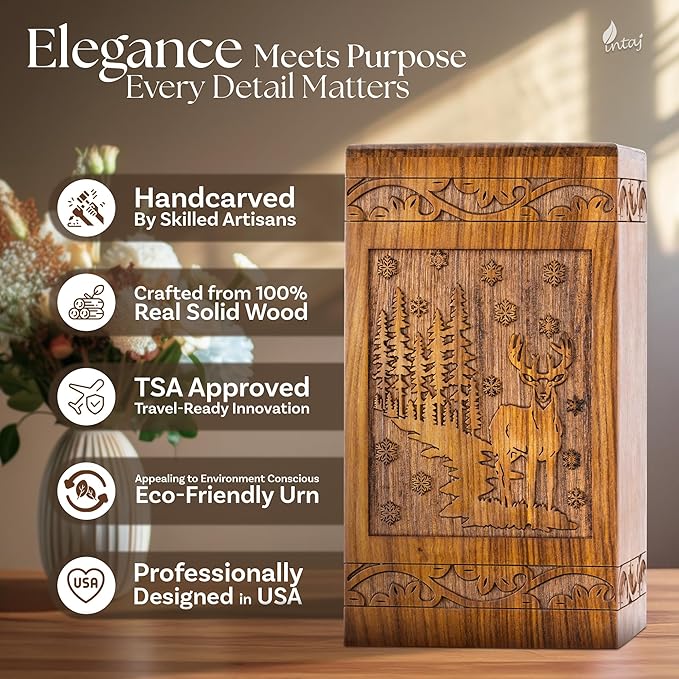 INTAJ Handcarved Rosewood Deer Oversized Urn for Human Ashes - 640 lbs Companion Capacity - Forest Scene Wooden Cremation Urn Box for Burial Funeral Decorative Wildlife Memorial Casket