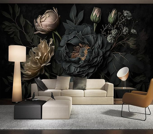 Eierme-Mysterious Black Peony Mural Wallpaper Peel and Stick 137" x 102"