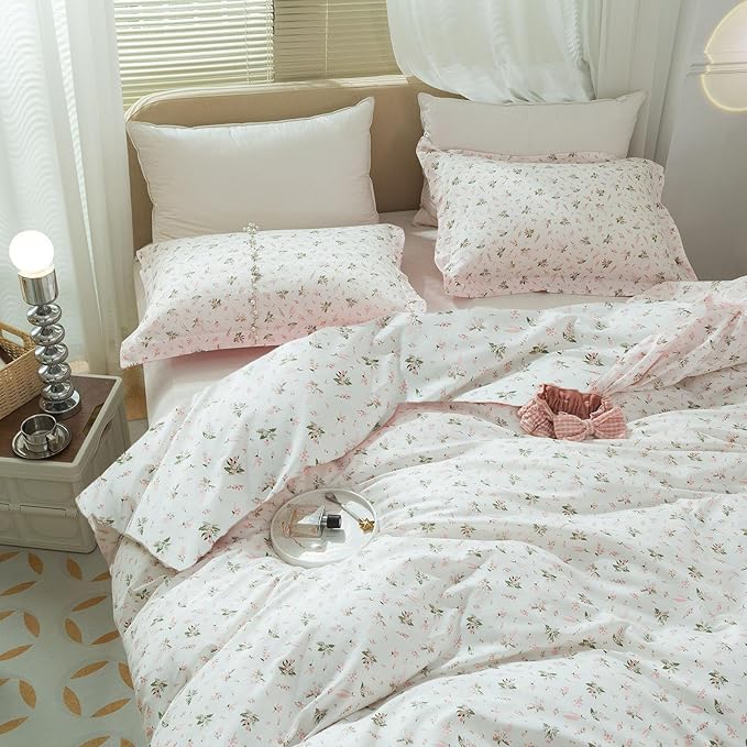 Girls Floral Comforter Set Twin XL Garden Flower Print Bedding Sets Soft Fluffy Vintage Pink White Floral Bedding Comforter Set Cottagecore Botanical Flowers Comforter with 2 Pillowcases Twin XL Size