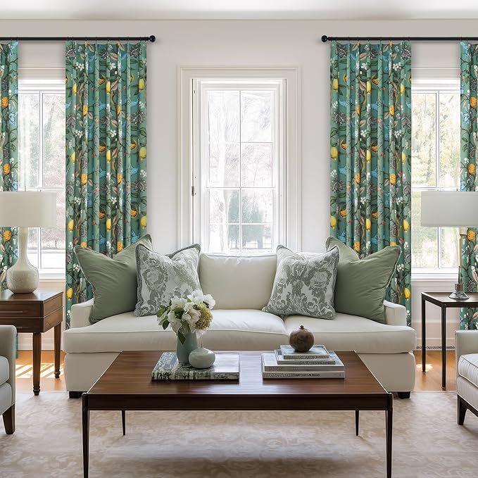 Sage Green Boho Floral Pinch Pleated Curtains 72 Inches Long for Living Room Bedroom Luxury Whimsical Lemon Hummingbird Patterned Waverly Mid Century Colorful Pinch Pleated Blackout Drapes 2 Panels