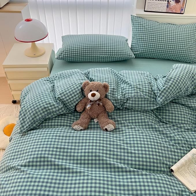 LifeTB Green Gingham Comforter Set King 3 Pieces Plaid Checkered Pattern Comforter Green Blue Grid Bed Comforter Set with 2 Pillowcases Fluffy Soft Checkered Comforter Grid Farmhouse Bedding Set
