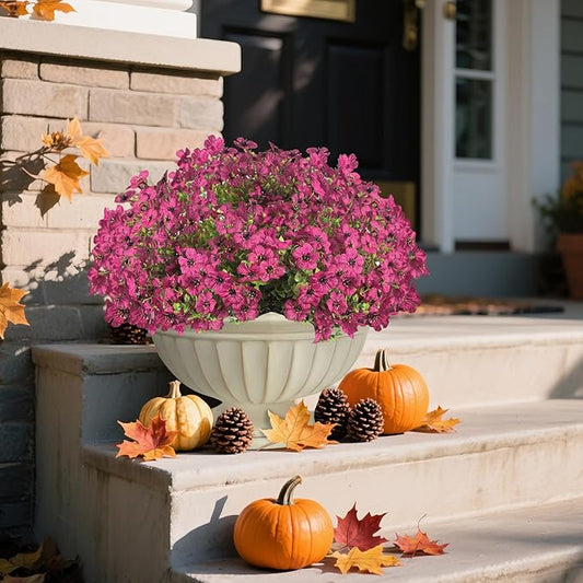 Artificial Fall Flowers Faux Mums for Outdoor Indoor Garden Home Decoration, Faux Flower Daisy with Eucalyptus Leaves Fake Mums Plants Greenery Boxwood Porch Patio, 12 Bundles