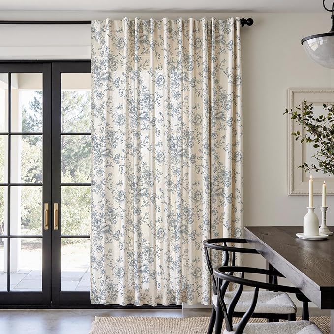 jinchan Linen Floral Curtains Extra Wide for Patio Sliding Glass Door Room Divider Curtain for Living Room 90 Inch Length Farmhouse Peony Blue Printed Curtain Set 1 Panel