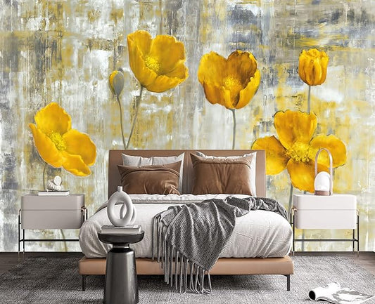 Yellow Oil Painting Flowers Wall Mural Wallpaper for Bedroom 103" x 69"