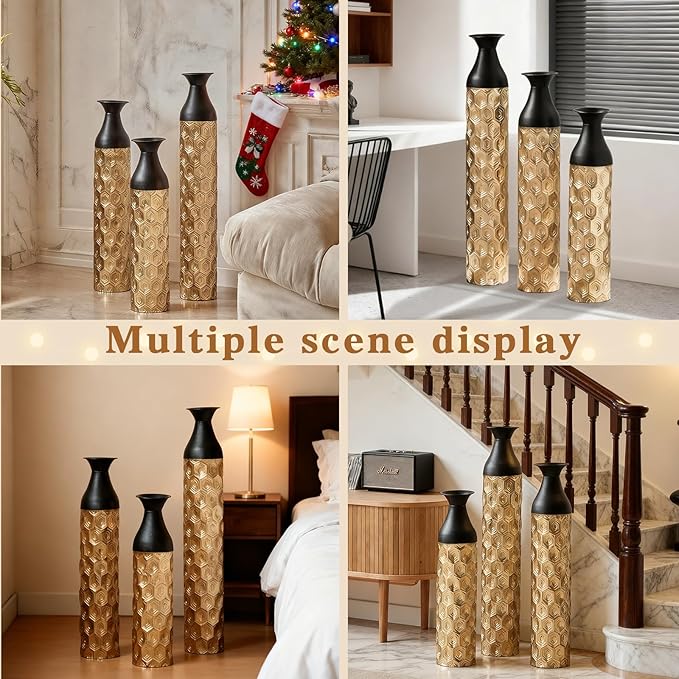 Floor Oversized Gold Metal Decorative Vase with 3D Triangle Pattern Set of 3 Large Vases for Home Living Room 33.5 ", 29.5 ", 25.2" High (Black+Gold)