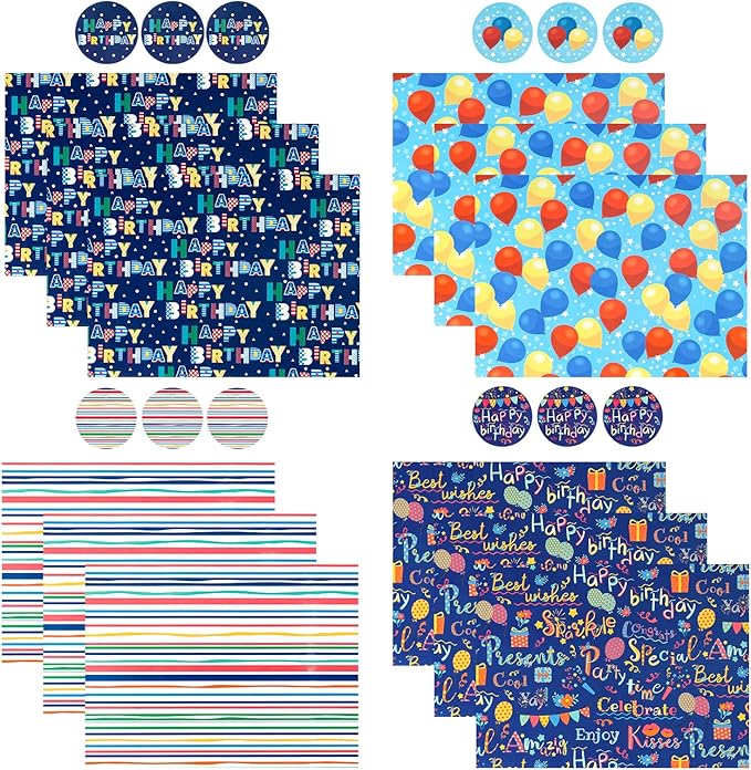 WRAPAHOLIC Birthday Wrapping Paper Sheet - 12 Sheets Folded Flat with 12 Gift Tags for Party, Baby Shower - 19.7 Inch X 27.5 Inch Per Sheet