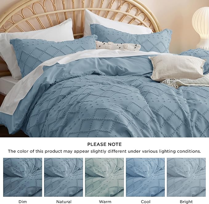 Bedsure Boho Duvet Cover Full Size - Mineral Blue Breathable & Soft Boho Bedding, Machine Washable Comforter Cover for All Seasons, Includes 1 Duvet Cover 80"x90" with 2 Pillow Shams & Zipper Closure