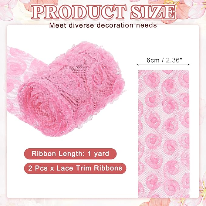 uxcell 2PCS Lace Trim Ribbon, 2.36 inch - 1 Yard 3D Rose Floral Embroidery Ribbons Edge Trimming for Sewing, Wedding Dress, DIY Crafts, Decoration Accessories, Dark Pink