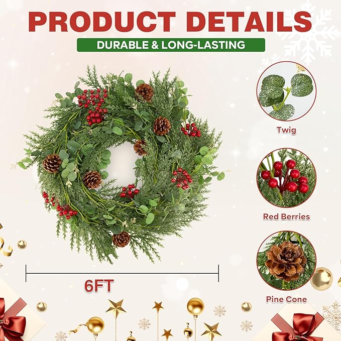 2PCS 6FT Christmas Decorations Cedar Garland, Realistic Soft Pine Wreath, Artificial Green Faux Cedar Pine Garland for Fireplace Mantle Indoor Outdoor Holiday Party Home Decor(2,6FT)