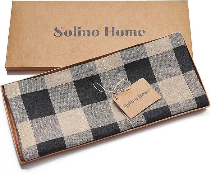 Solino Home Linen Checkered Table Runner 132 Inches Long - 100% Pure Linen Natural and Black Buffalo Check Extra Long Table Runner 14 x 132 Inch Ideal for Dining, Spring