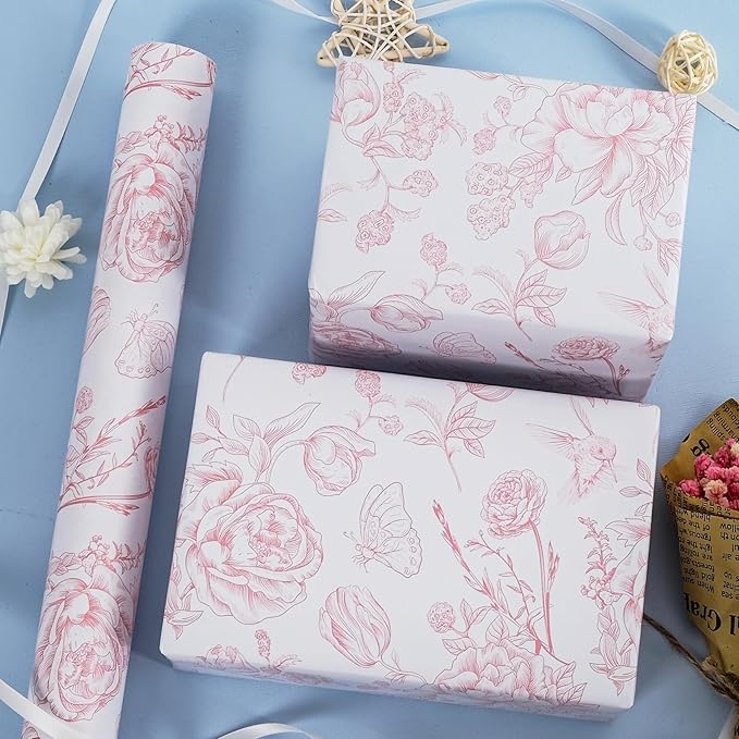RayofSun Pink Floral Wrapping Paper Roll 17 in x 32ft Mini Roll Vintage Toile Flower Gift Wrap Paper for All Occasion Wedding Birthday Bridal Shower Party Baby Shower Christmas