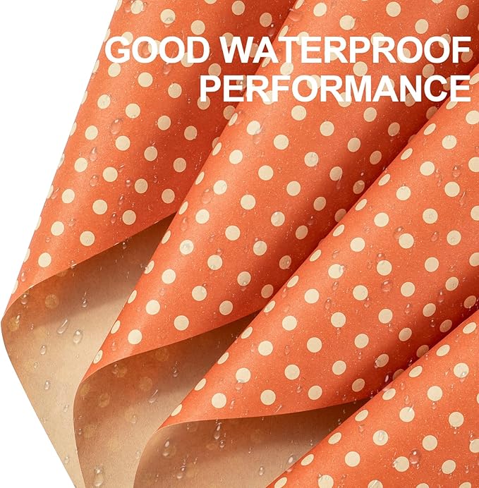 LeZakaa 20 Sheets Kraft Dots Flower Wrapping Paper, Reversible Orange with White Polka Dots Floral Bouquet Paper for Valentines, Mothers Day, Wedding Party, Fall Birthday, Thanksgiving Autumn Decor