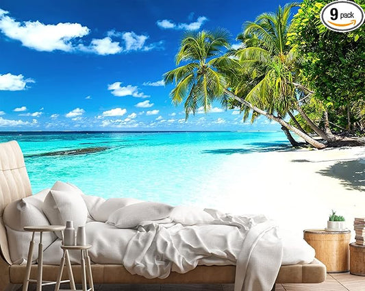Palm Tree Wall Mural Tropic Paradise Beach Seascape Murals Wallpaper for Walls Bedroom Living Room Bedroom TV Background Kids Room Decoration（Not Peel and Stick）